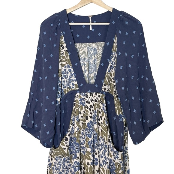 Free People Free People Mixed-Print Floral Mini Dress Size M Boho Beach Blue - Picture 4 of 12